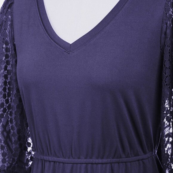 NWT Romantic Elegant Lace Lantern Sleeve A Line Cut Out Swing Skater Navy Dress - Picture 12 of 16